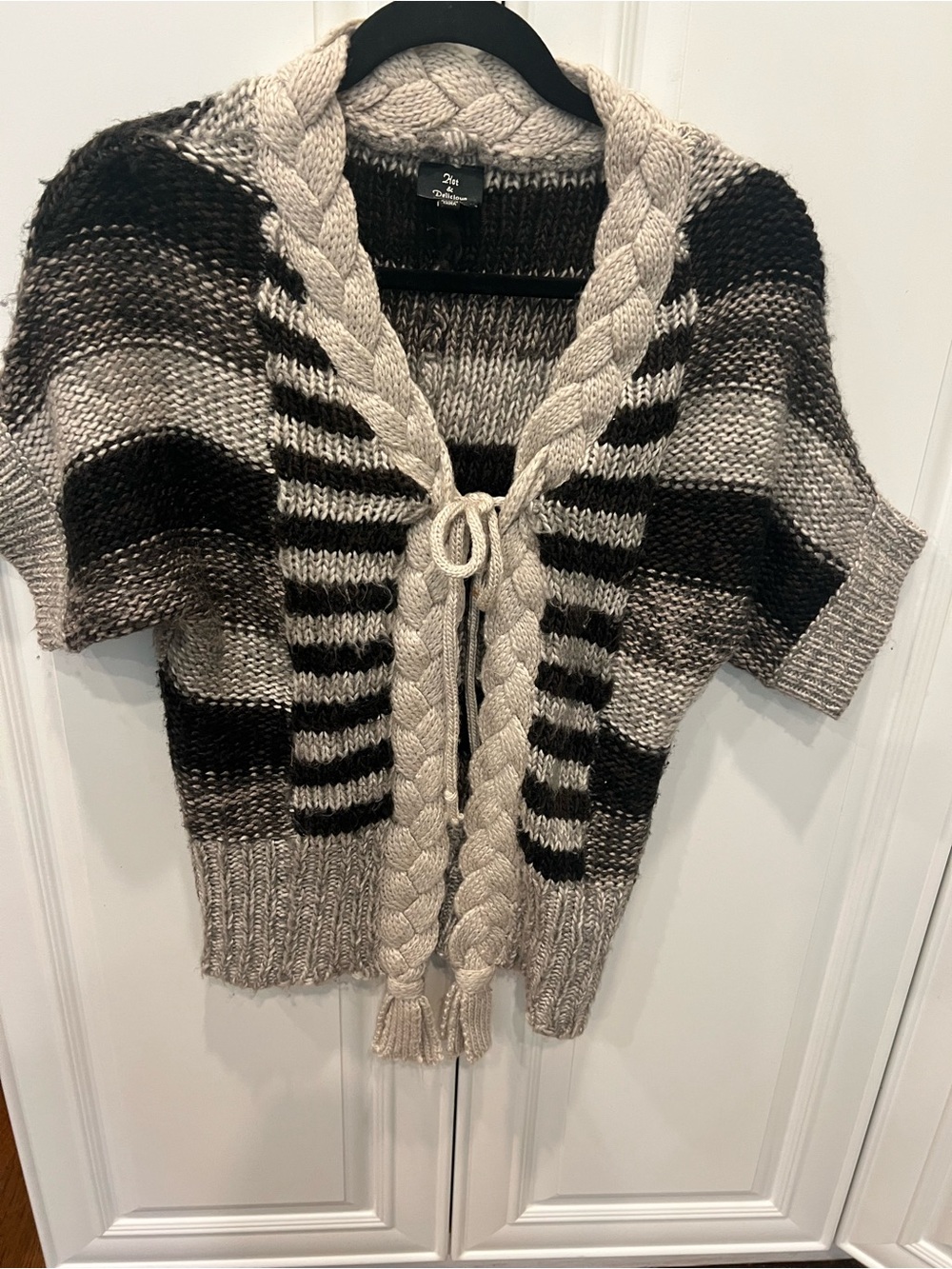 Braided Open-Front Short-Sleeve Cardigan Sweater - Neutral Stripe